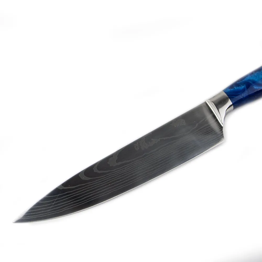Shinrai Knives – 6-teiliges Messerset mit Epoxid-Saphir-Damaskus-Druck + doppelseitiger magnetischer Messerblock – Schwarz