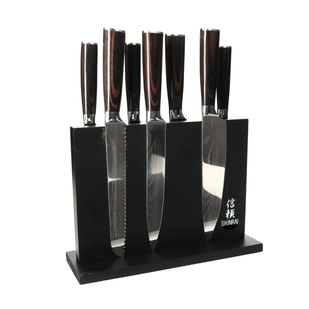 Shinrai Knives - 7-teiliges Messerset mit Damaskus-Print + doppelseitiger magnetischer Messerblock - Schwarz