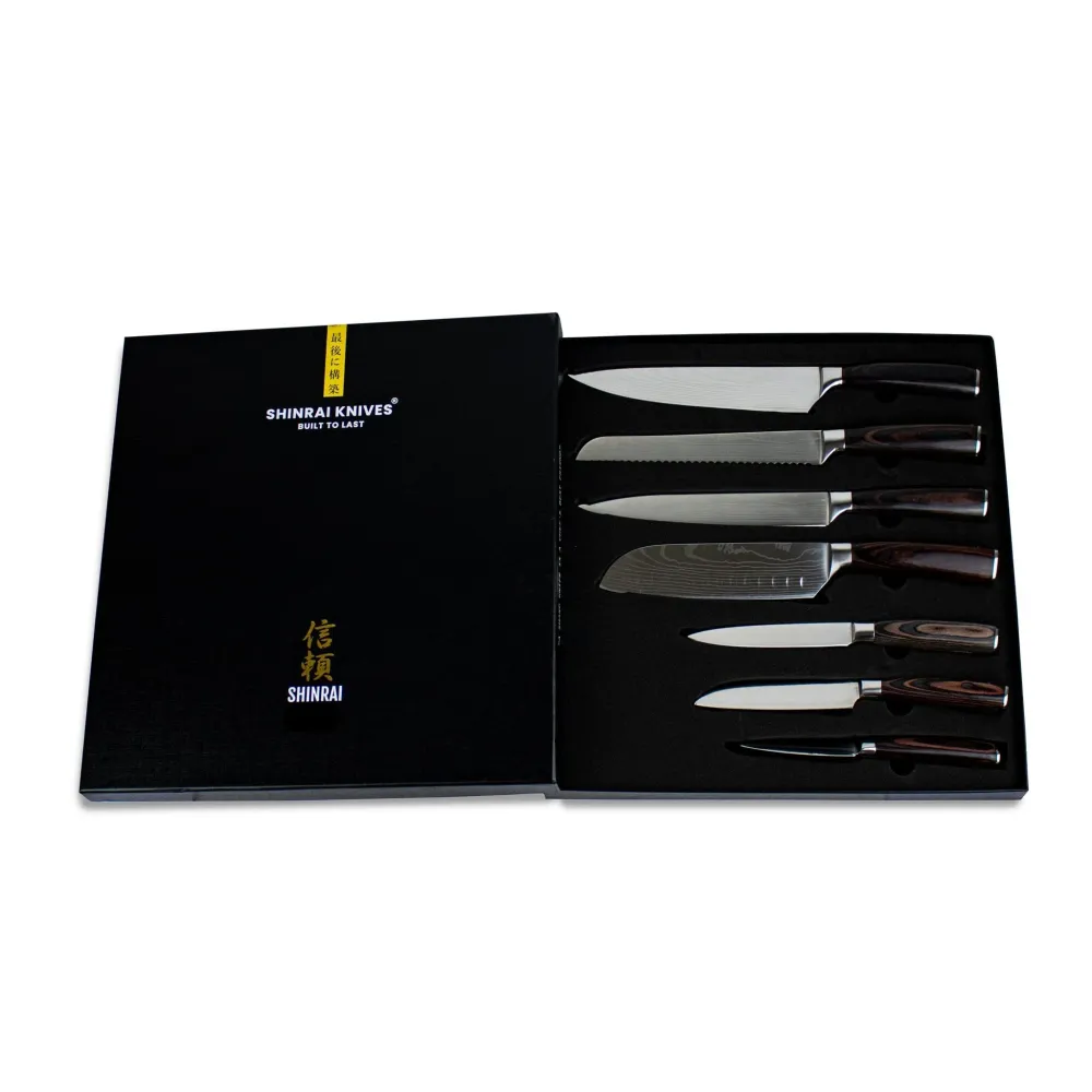 Shinrai Knives - 7-teiliges Messerset mit Damaskus-Print + doppelseitiger magnetischer Messerblock - Schwarz