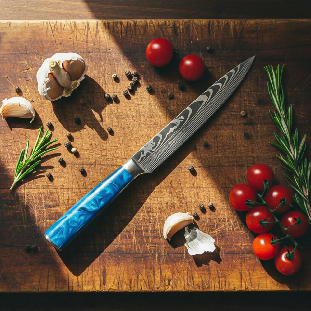 Shinrai Knives - Damascus Druck Epoxy Saphir - 6-teiliges Messerset