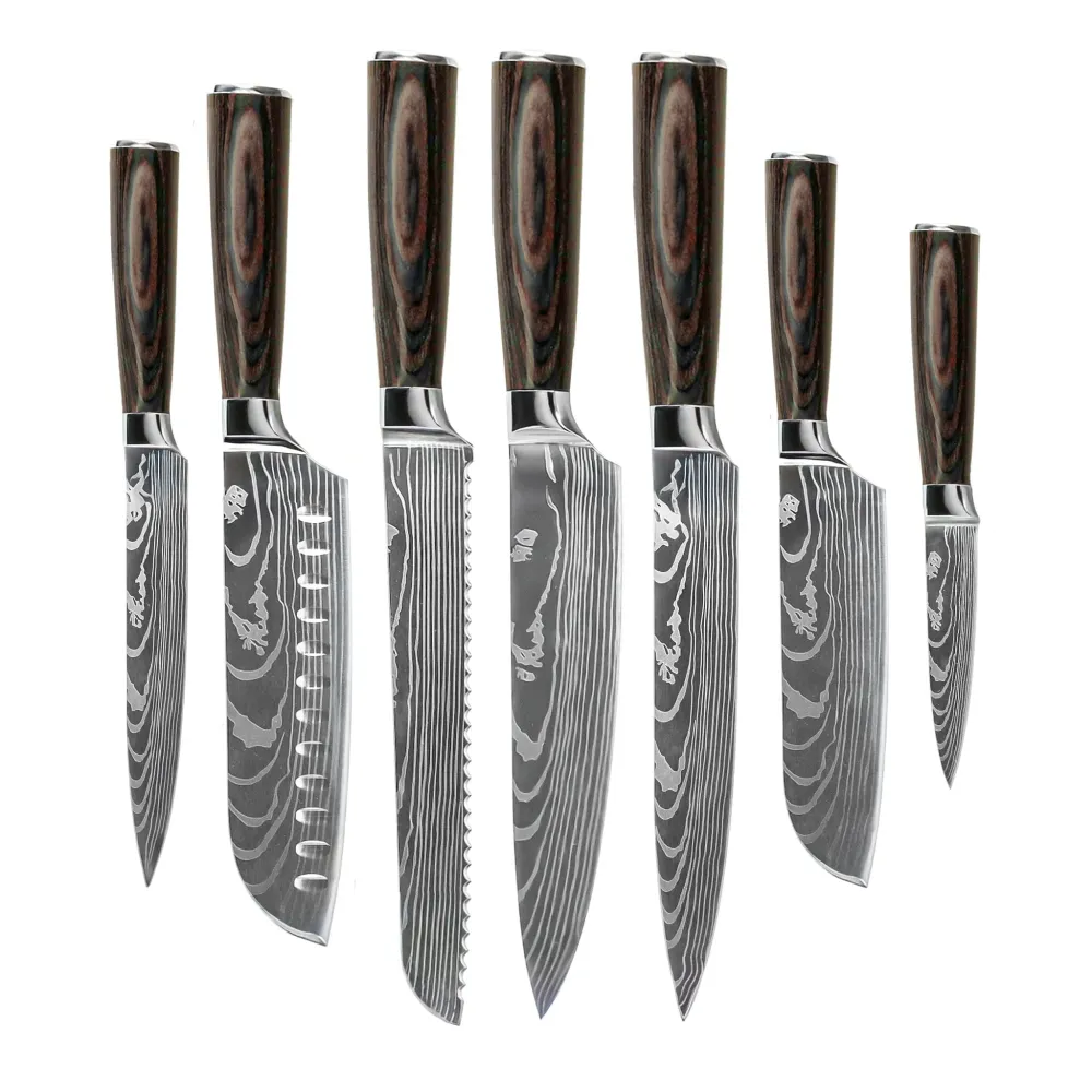 Shinrai Knives - Damascus Print 7-teiliges Messerset + Messerblock + Schleifstein