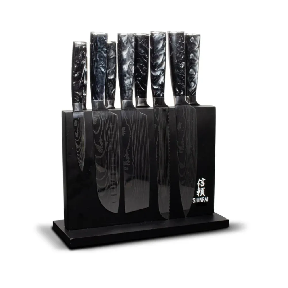 Shinrai Knives – Damascus Print Onyx Epoxy 9-teiliges Messerset + magnetischer Messerblock doppelseitig – Schwarz
