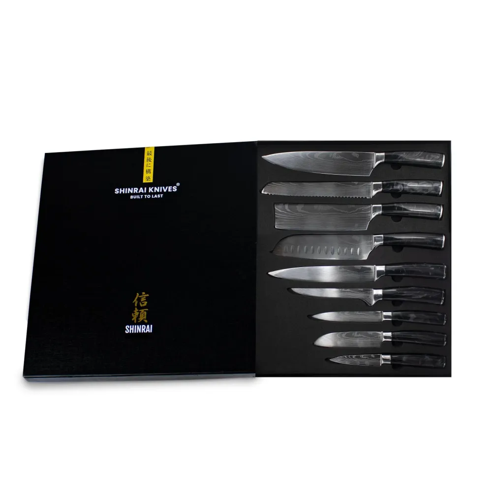 Shinrai Knives – Damascus Print Onyx Epoxy 9-teiliges Messerset + magnetischer Messerblock doppelseitig – Schwarz
