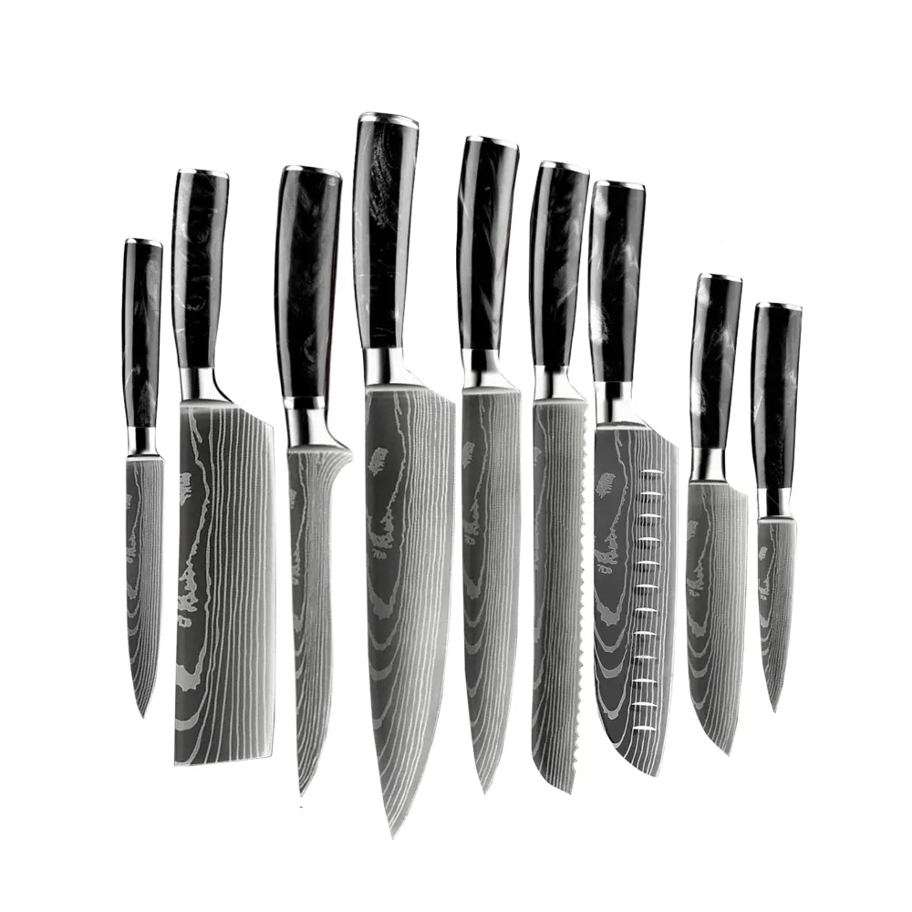 Shinrai Knives – Damascus Print Onyx Epoxy 9-teiliges Messerset + magnetischer Messerblock Scalae – Akazienholz