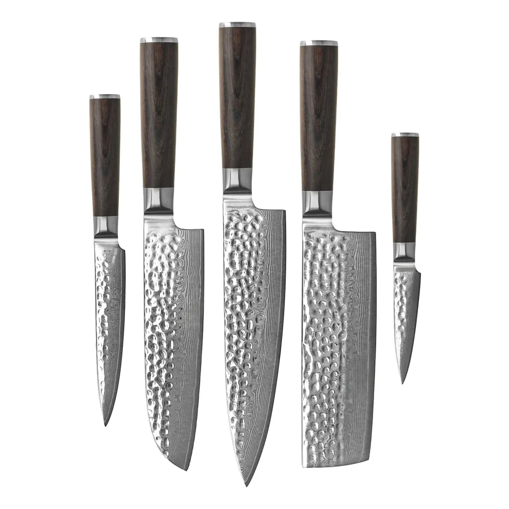 Shinrai Knives - Hammered Damask BR 5-teiliges Messerset + Messerblock-Matrize
