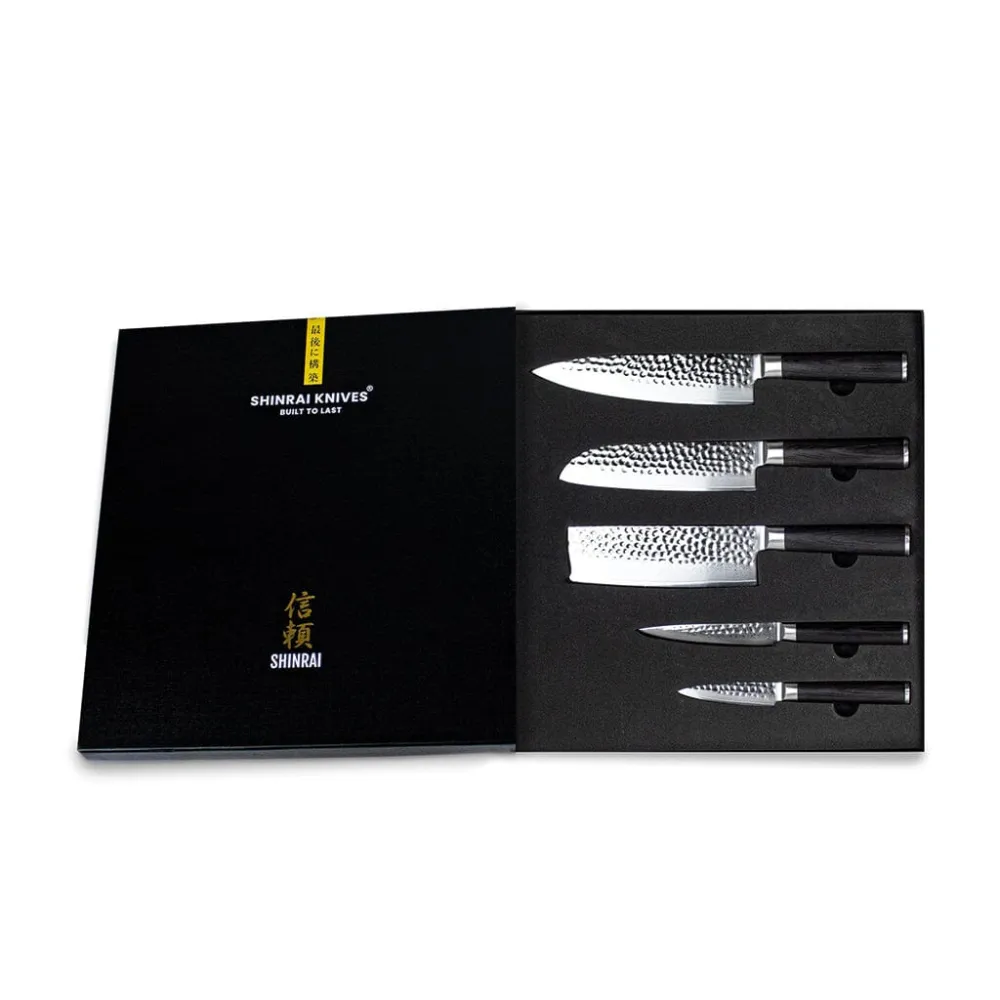 Shinrai Knives – Hammered Damast BR 5-teiliges Messerset + magnetischer Messerblock Scalae – Akazienholz
