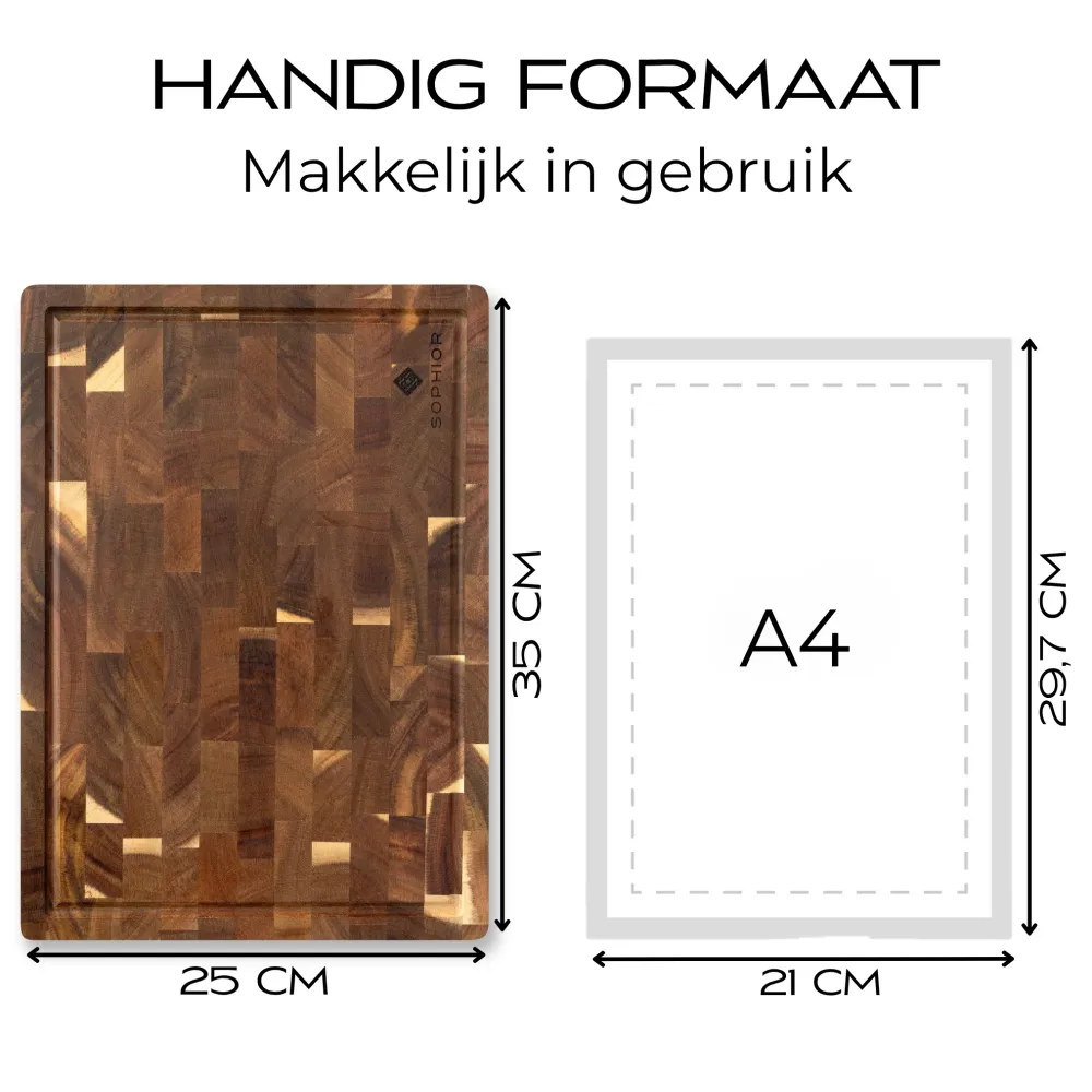 SOPHIOR Schneidebrett-Set aus Akazienholz mit Saftrille und Griffen – 42 x 35 x 2 cm & 35 x 25 x 2 cm