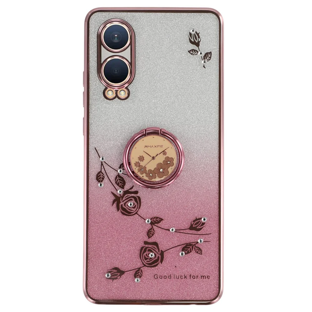KADEM OnePlus Nord CE4 Lite 5G Hülle mit Ring, Ständer und flexiblen Blumen, Farbverlauf, Glitzer - Roségold