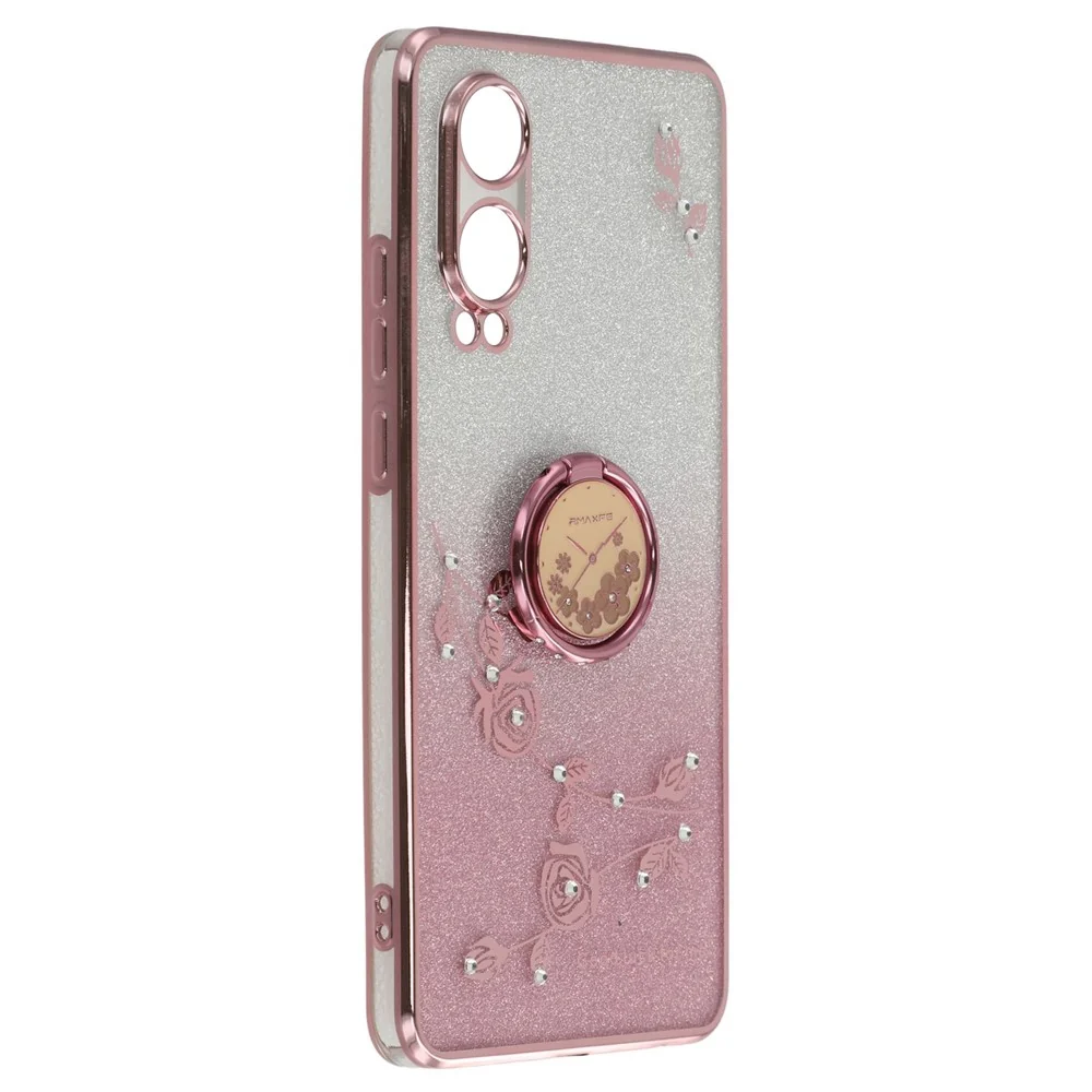 KADEM OnePlus Nord CE4 Lite 5G Hülle mit Ring, Ständer und flexiblen Blumen, Farbverlauf, Glitzer - Roségold