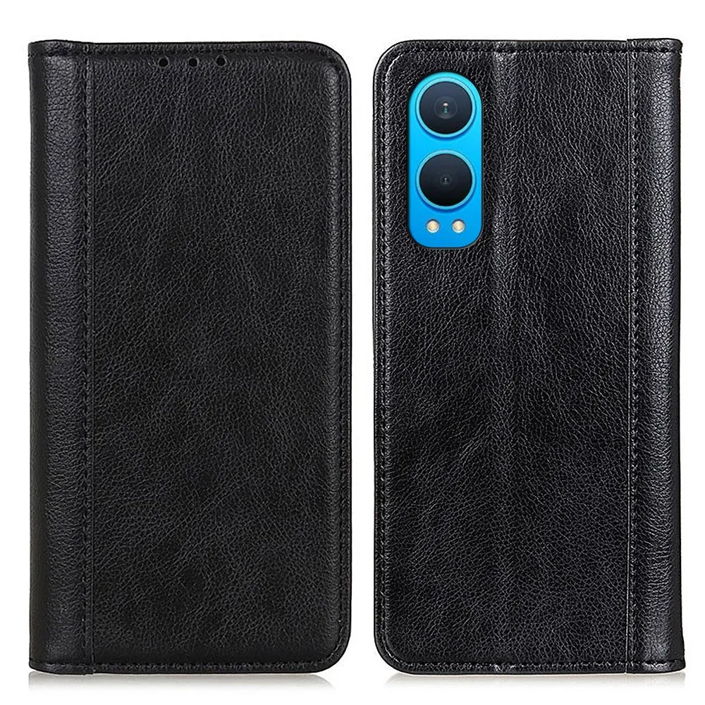 OnePlus Nord CE4 Lite 5G / Oppo K12x 5G Wallet-Hülle aus Spaltleder mit Litchi-Struktur - Schwarz