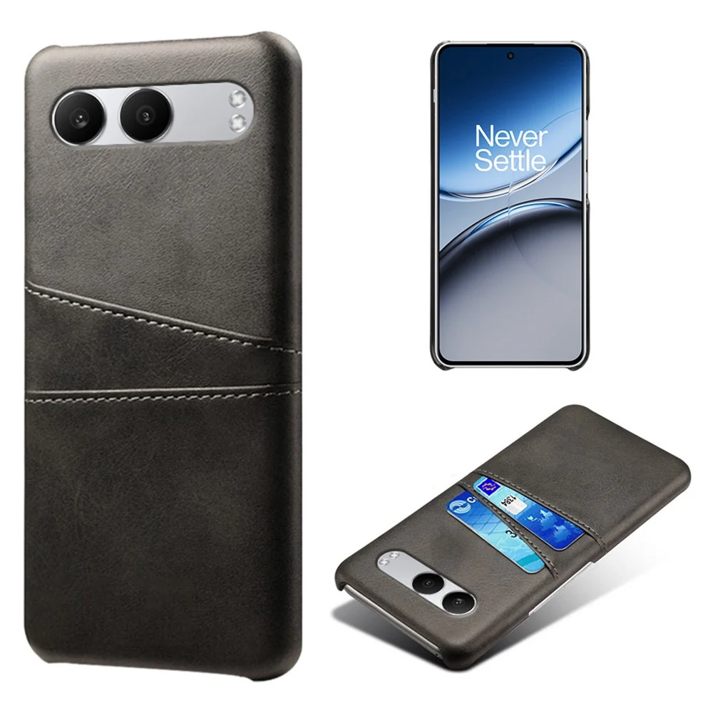 OnePlus Nord 4 Hülle mit zwei Kartenslots aus veganem Leder und stoßfester Hartschale - Schwarz