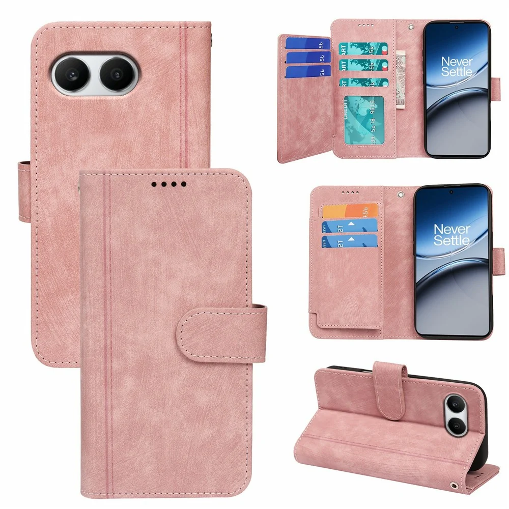 OnePlus Nord 4 Lederhülle mit Linienmuster und 9 Kartenfächern - Roségold