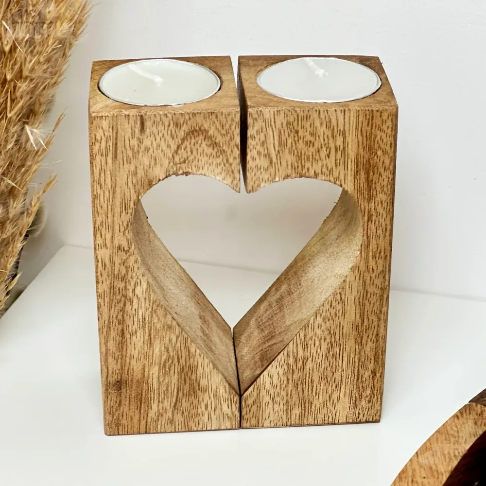 Wood Block Love Heart Tea Light Holder Darthome Limited