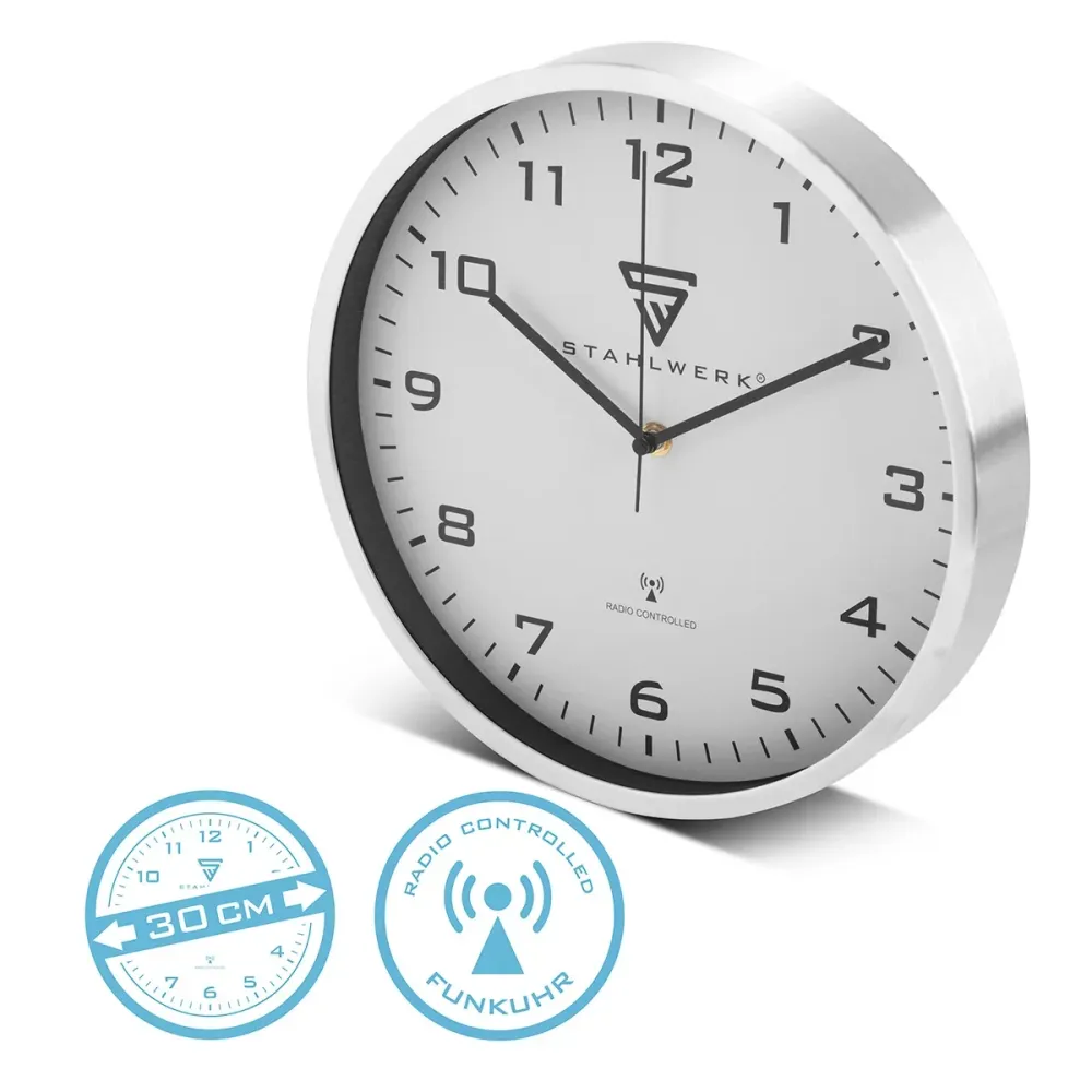 STAHLWERK Wanduhr 30 cm silberne Werkstattuhr | Funkuhr | Funkwanduhr | Bürouhr | Küchenuhr mit Aluminium-Gehäuse und RCC-...