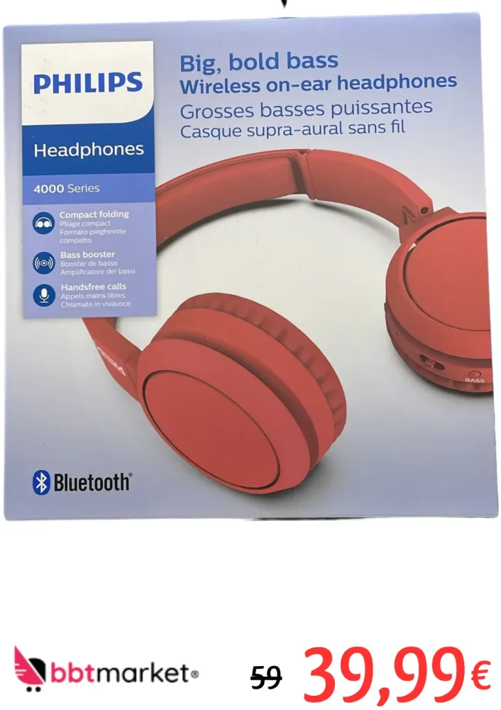 Philips TAH4205RD/00 Bluetooth On-Ear Kopfhörer – 29h Akku, Bass Boost, Faltbar, Rot