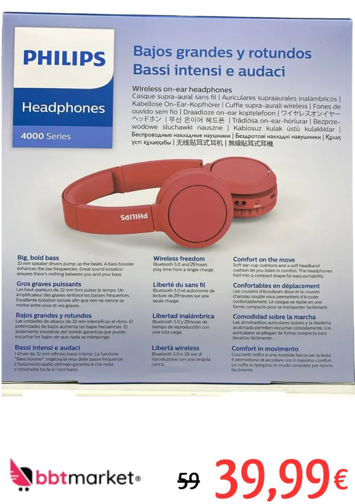 Philips TAH4205RD/00 Bluetooth On-Ear Kopfhörer – 29h Akku, Bass Boost, Faltbar, Rot