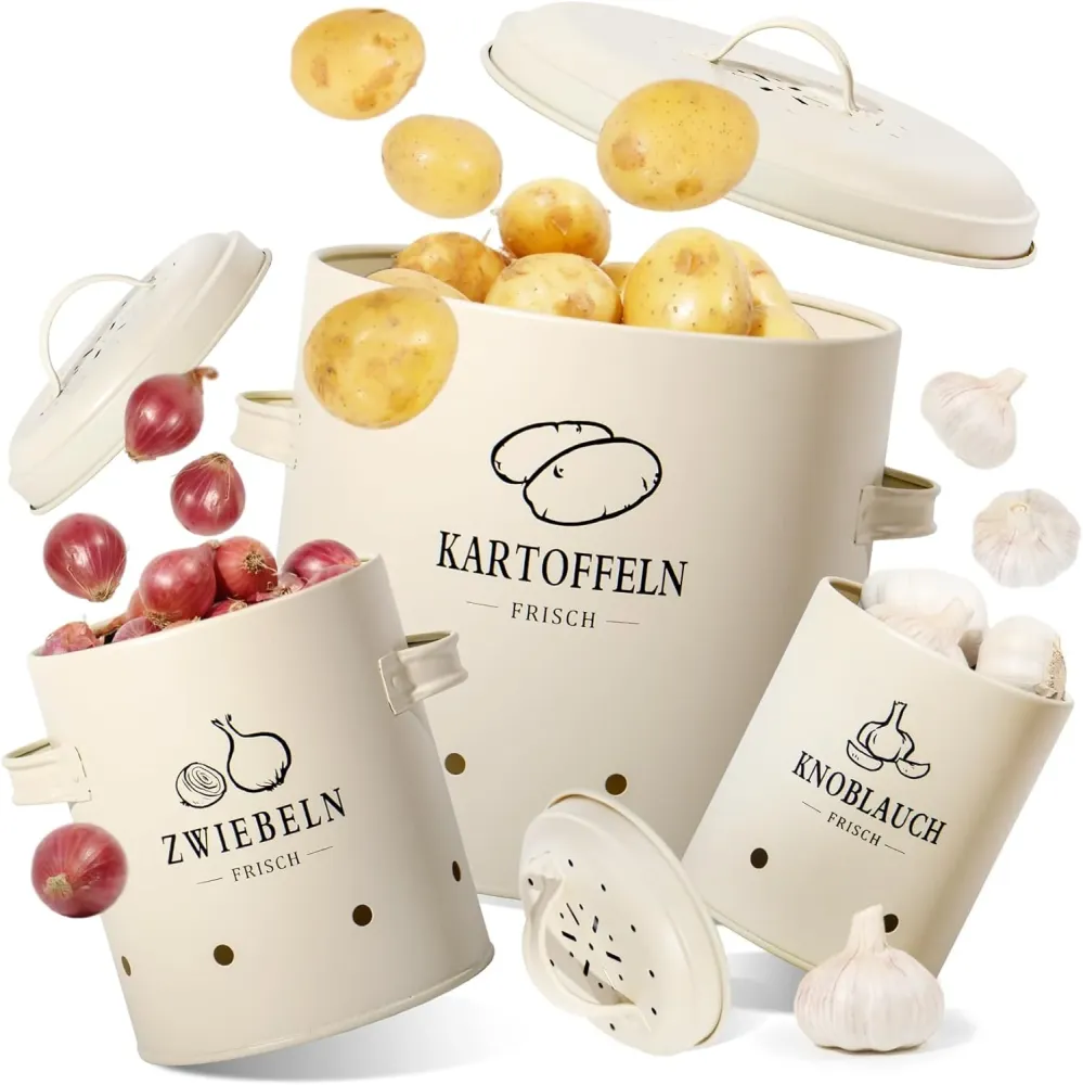 3er-Set Kartoffel-, Knoblauch- & Zwiebel-Aufbewahrungsbox, SET01-Beige