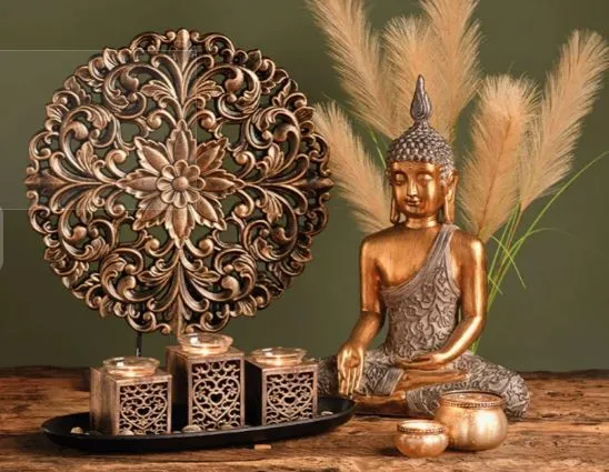 Holzdekor Blume, schwarz-gold, Durchmesser 40 cm