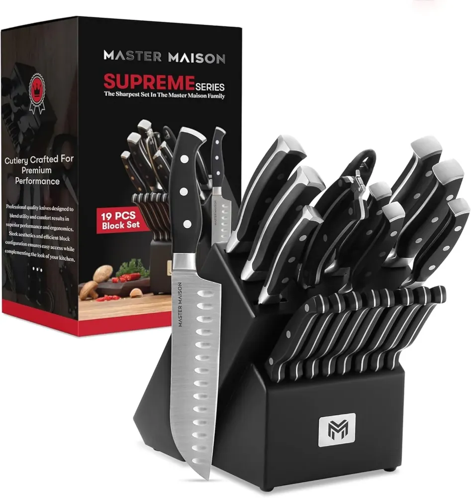 19-teiliges Premium-Küchenmesserset mit Holzblock, Master Maison Besteck aus deutschem Edelstahl mit Messerschärfer und 8...