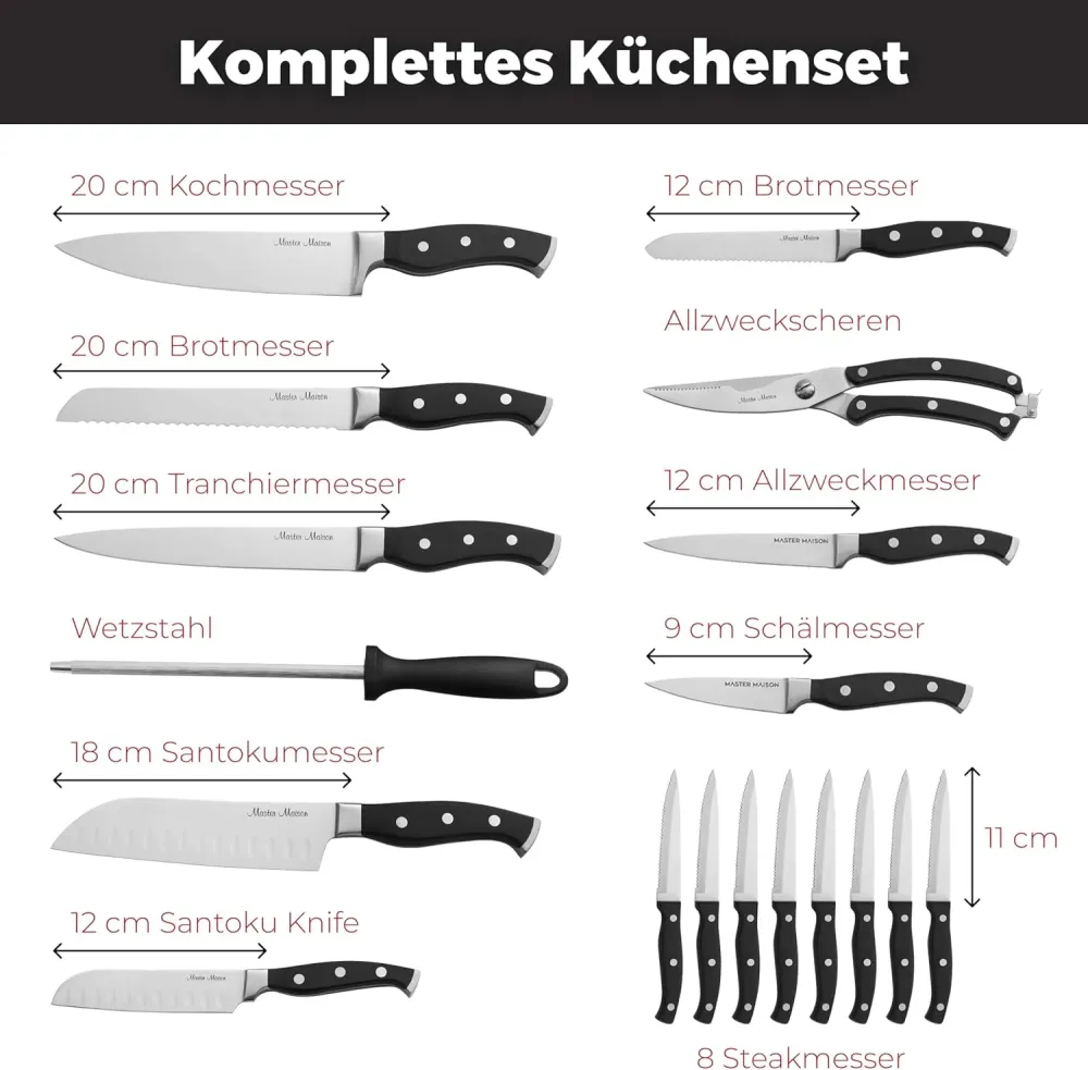 19-teiliges Premium-Küchenmesserset mit Holzblock, Master Maison Besteck aus deutschem Edelstahl mit Messerschärfer und 8...