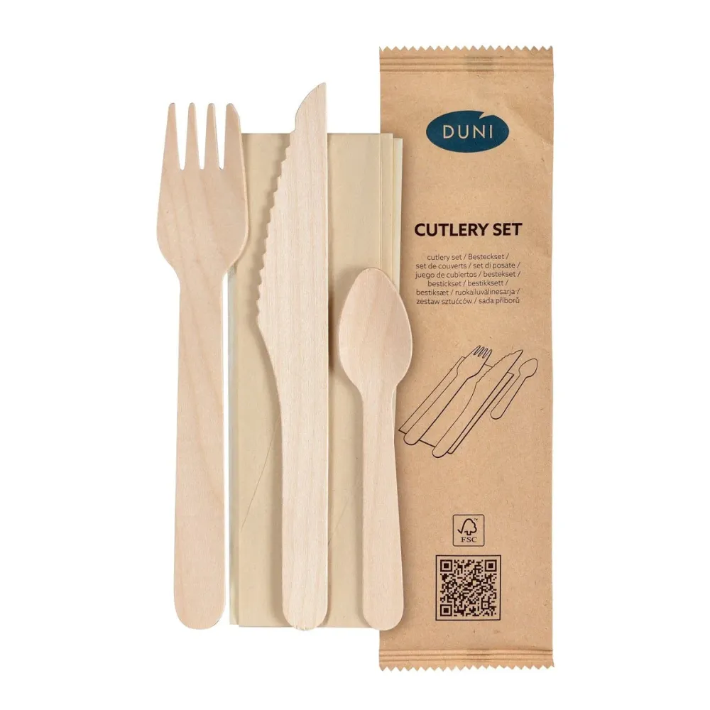 4/1 Besteck Set, Holz, Gabel & Messer, Kaffeelöffel, Braune Serviette Natural gewachst 160/165/110 | Packung (250 Stück)