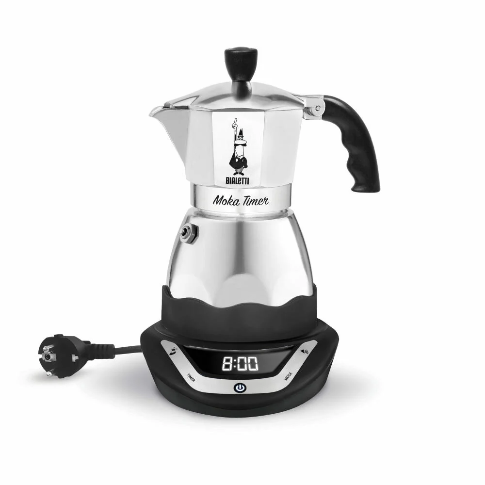 Bialetti Espressokocher Moka Timer 6 Tassen, Elektrischer Espresso Kocher, Kaffee, Kanne, Silber-Schwarz, 270 ml, 6092