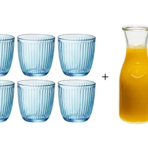 Bormioli Rocco Wassergläser Linie Blau 290 ml - 6 Stück + Cookinglife Karaffe 1 Liter
