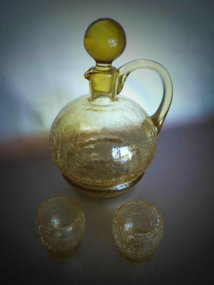 KARAFFE Glas Gläser Kännchen Craquele Eisglas gelb