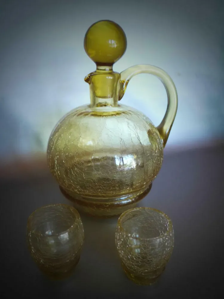 KARAFFE Glas Gläser Kännchen Craquele Eisglas gelb