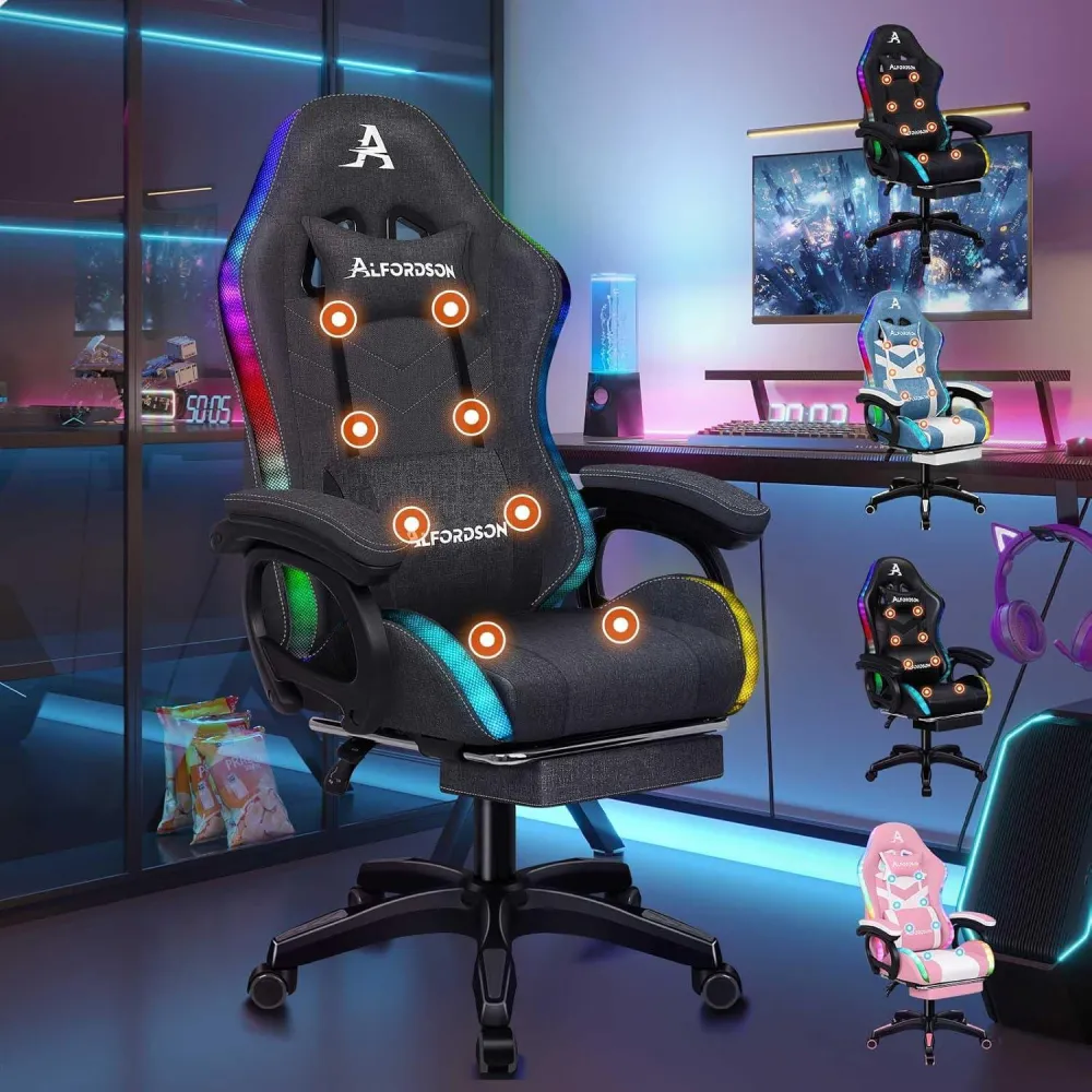 ALFORDSON Gaming-Stuhl LED-RGB-Massage Lordose Fußstütze
