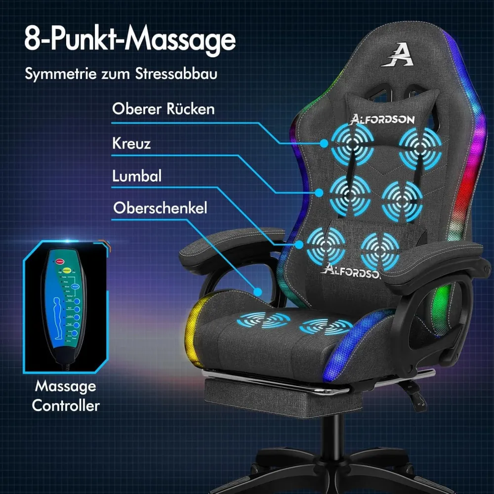 ALFORDSON Gaming-Stuhl LED-RGB-Massage Lordose Fußstütze