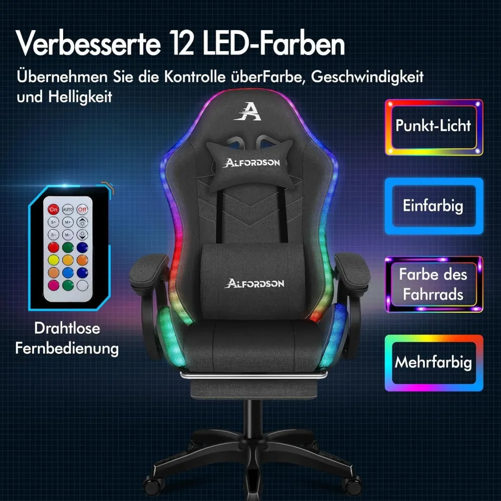 ALFORDSON Gaming-Stuhl LED-RGB-Massage Lordose Fußstütze