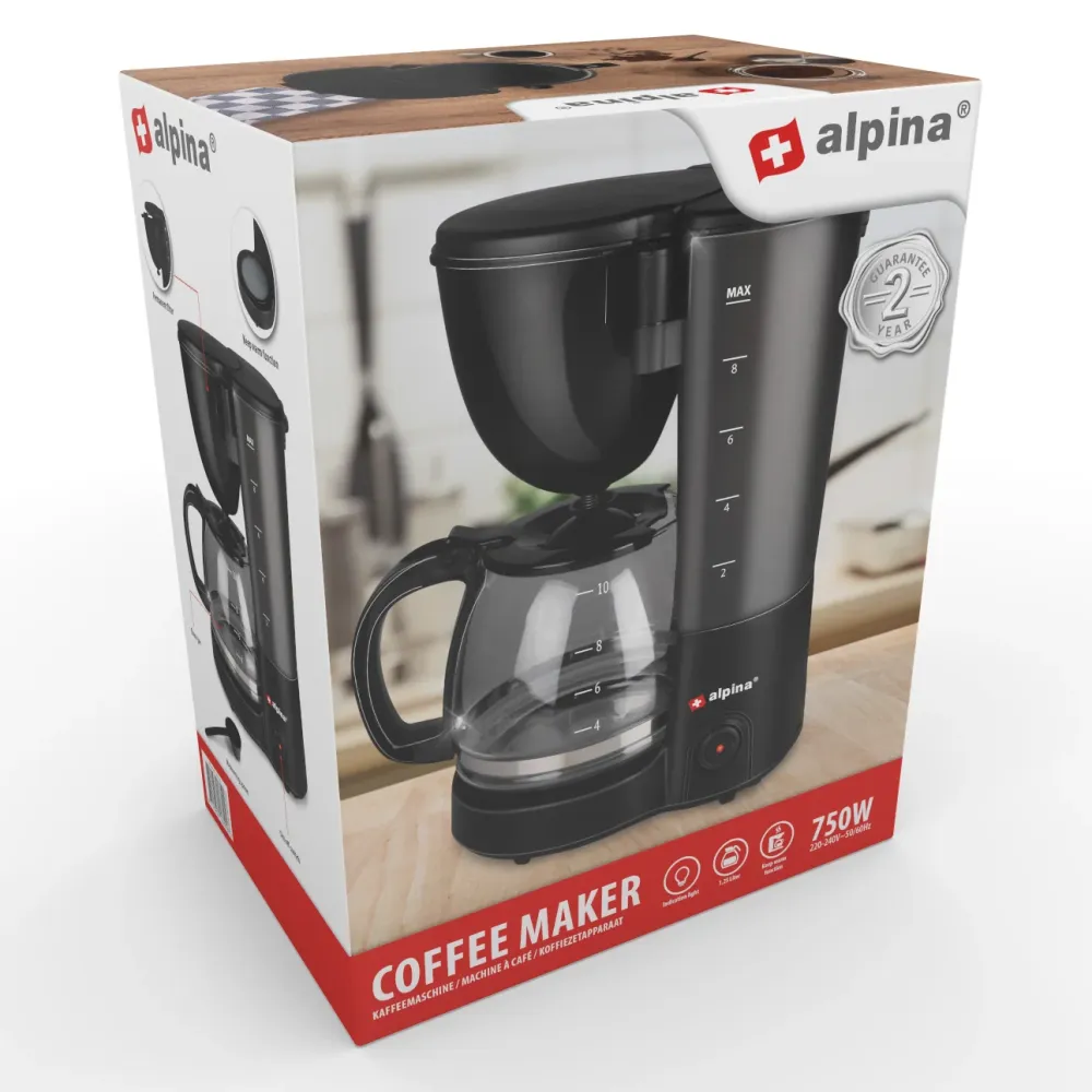 alpina Kaffeemaschine – 10–12 Tassen Filterkaffee – Warmhalteplatte – Pausenfunktion – Schwarz