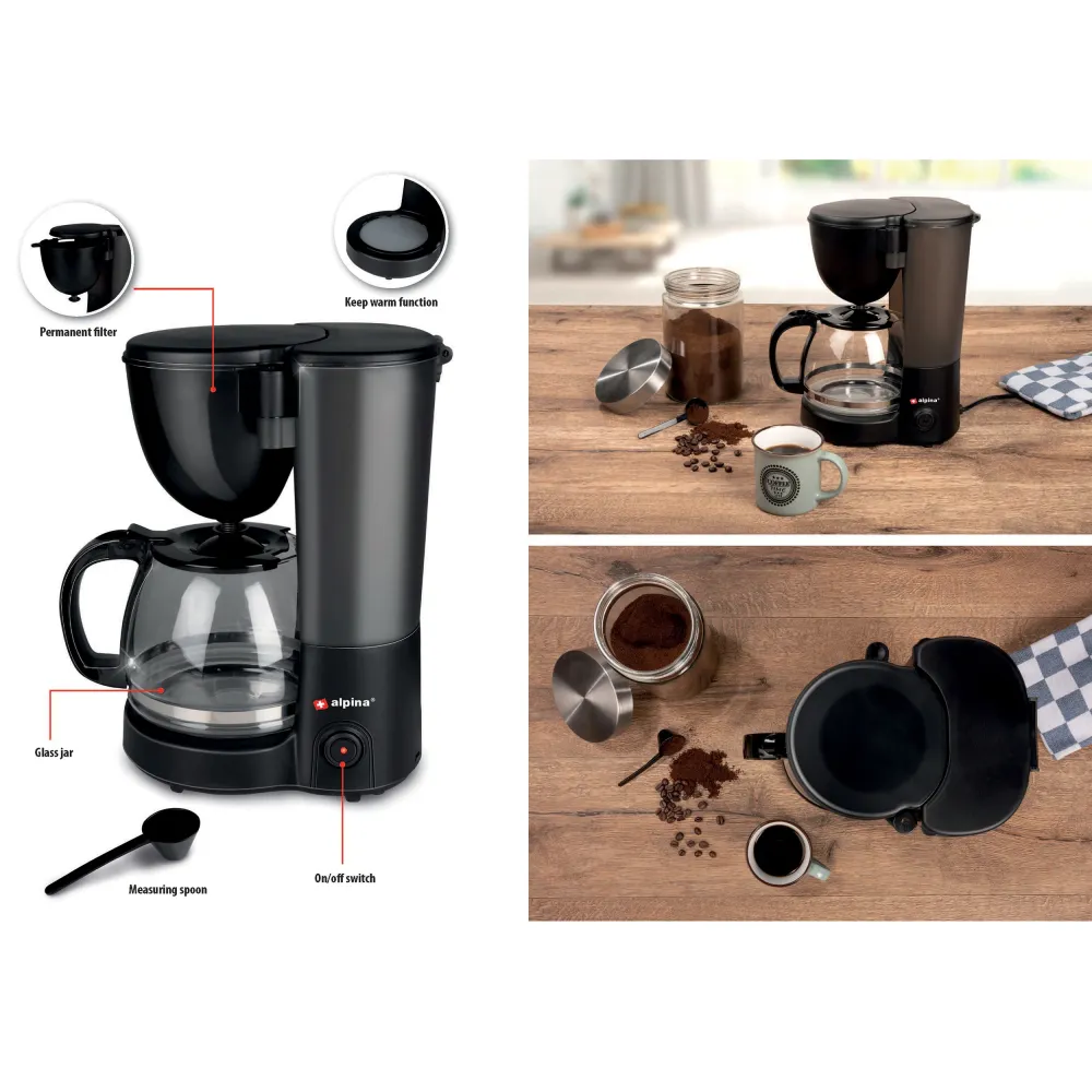 alpina Kaffeemaschine – 10–12 Tassen Filterkaffee – Warmhalteplatte – Pausenfunktion – Schwarz