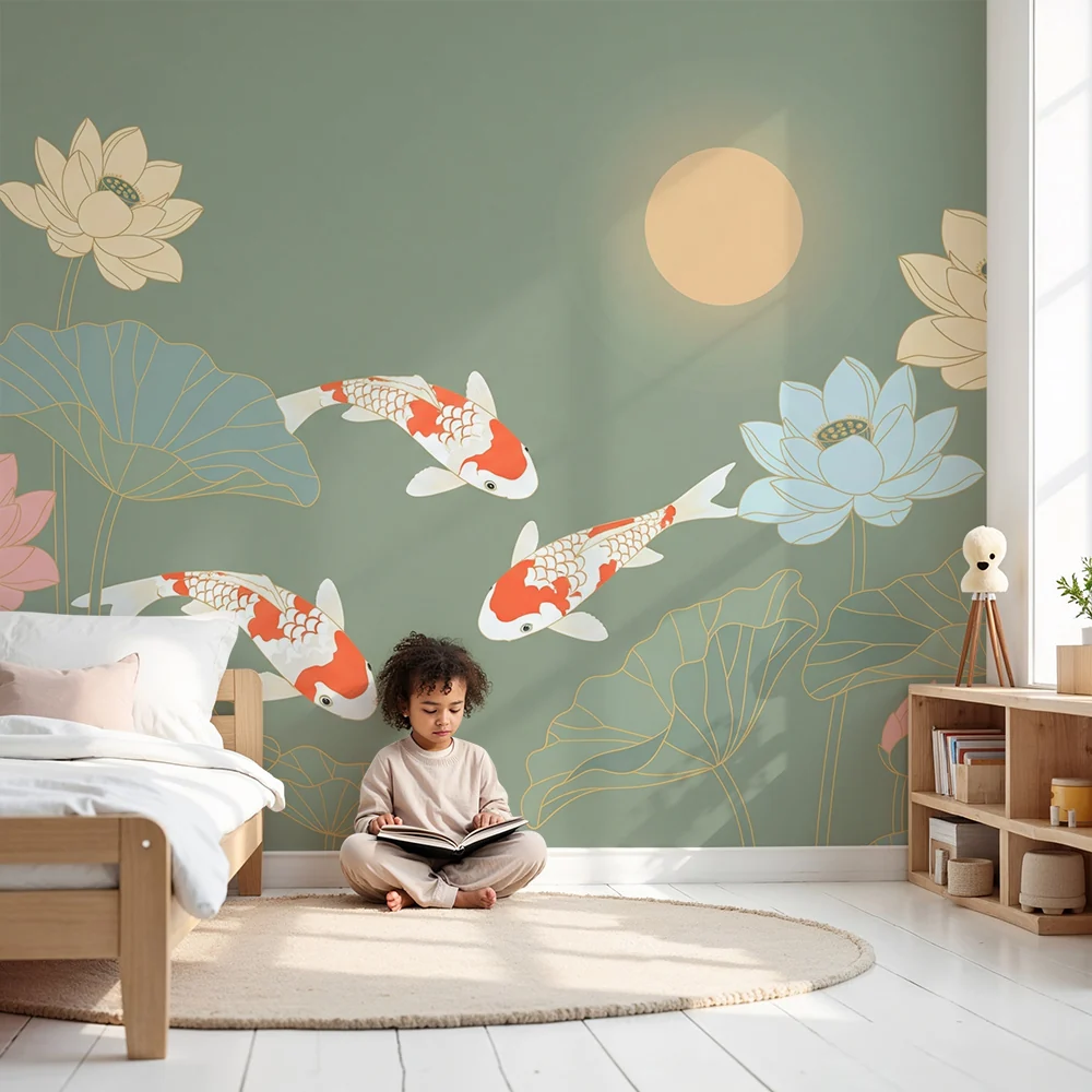Babyzimmer Tapete | Koi-Fische und Lotusblumen auf beruhigendem Hintergrund