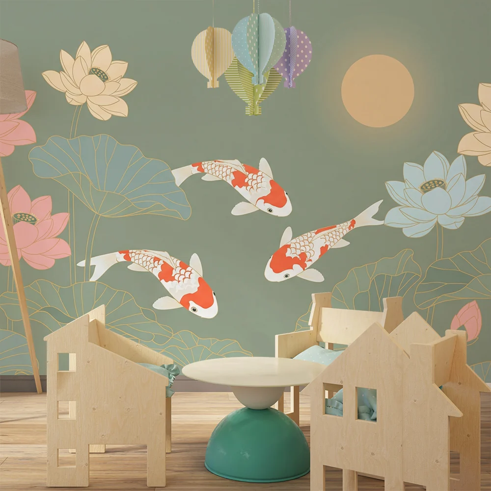 Babyzimmer Tapete | Koi-Fische und Lotusblumen auf beruhigendem Hintergrund