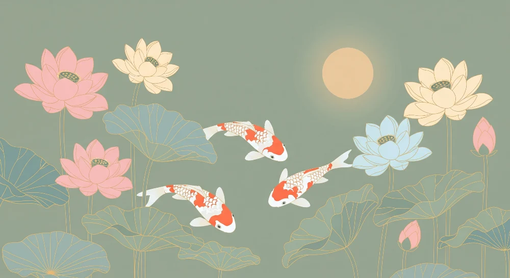 Babyzimmer Tapete | Koi-Fische und Lotusblumen auf beruhigendem Hintergrund