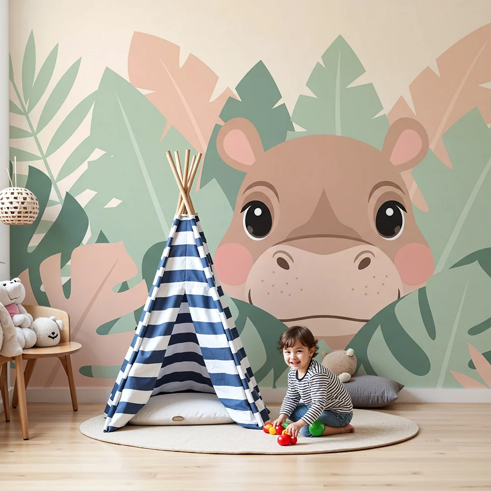 Babyzimmer Tapete | Niedliches Nilpferd versteckt im tropischen Dschungel
