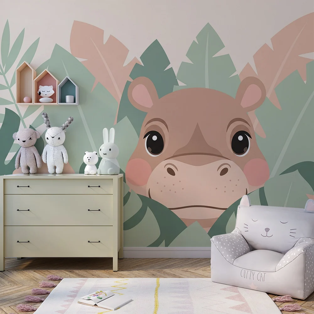 Babyzimmer Tapete | Niedliches Nilpferd versteckt im tropischen Dschungel