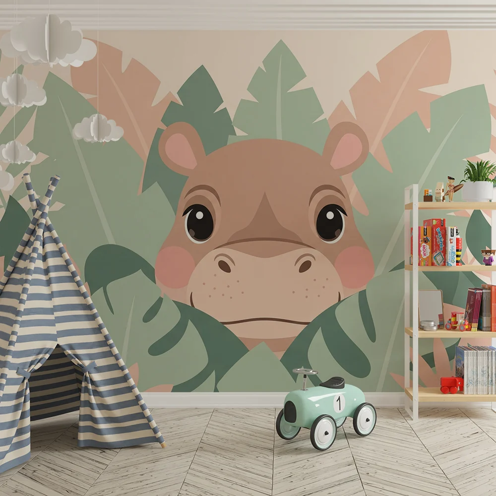 Babyzimmer Tapete | Niedliches Nilpferd versteckt im tropischen Dschungel