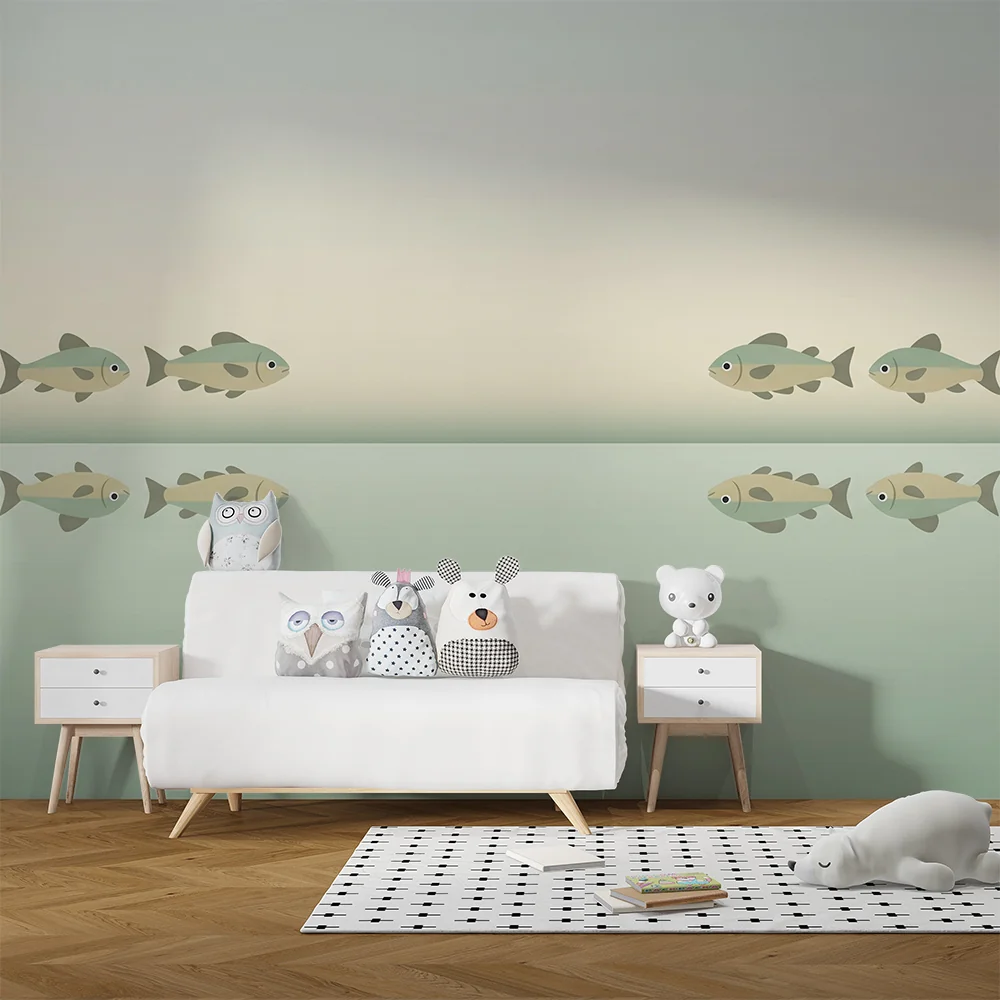 Babyzimmer Tapete | Stilisierte Fische schwimmen ruhigem Wasser