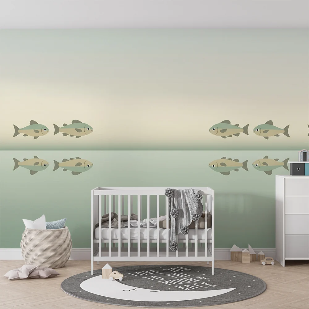 Babyzimmer Tapete | Stilisierte Fische schwimmen ruhigem Wasser