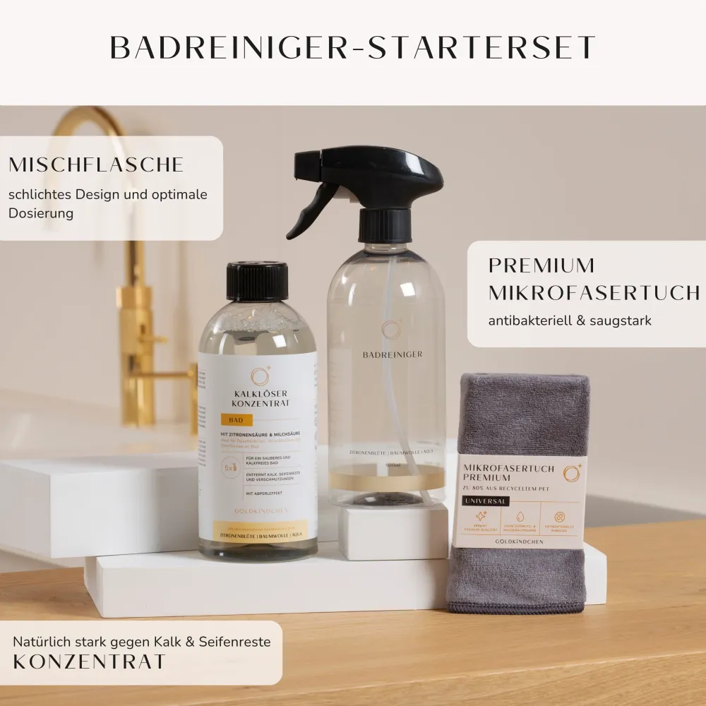 Badreiniger-Starterset: Kalklöser Konzentrat, Mischflasche und Mikrofasertuch