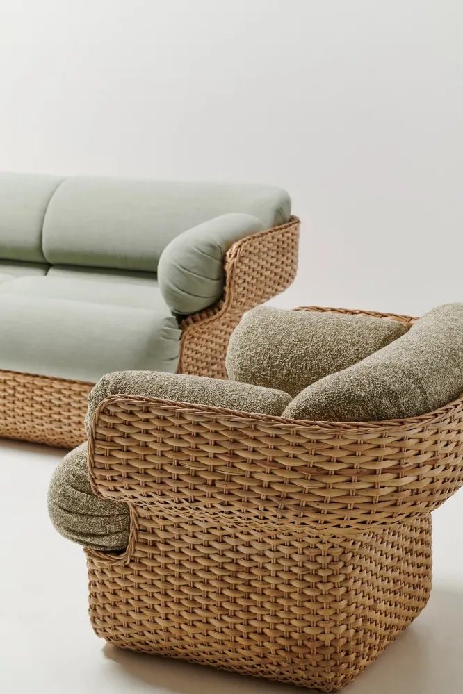 BASKET 2-Sitzer-Sofa blau mit Rattan