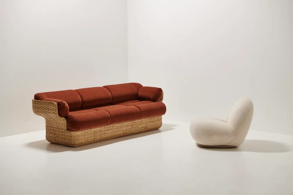BASKET 2-Sitzer-Sofa blau mit Rattan