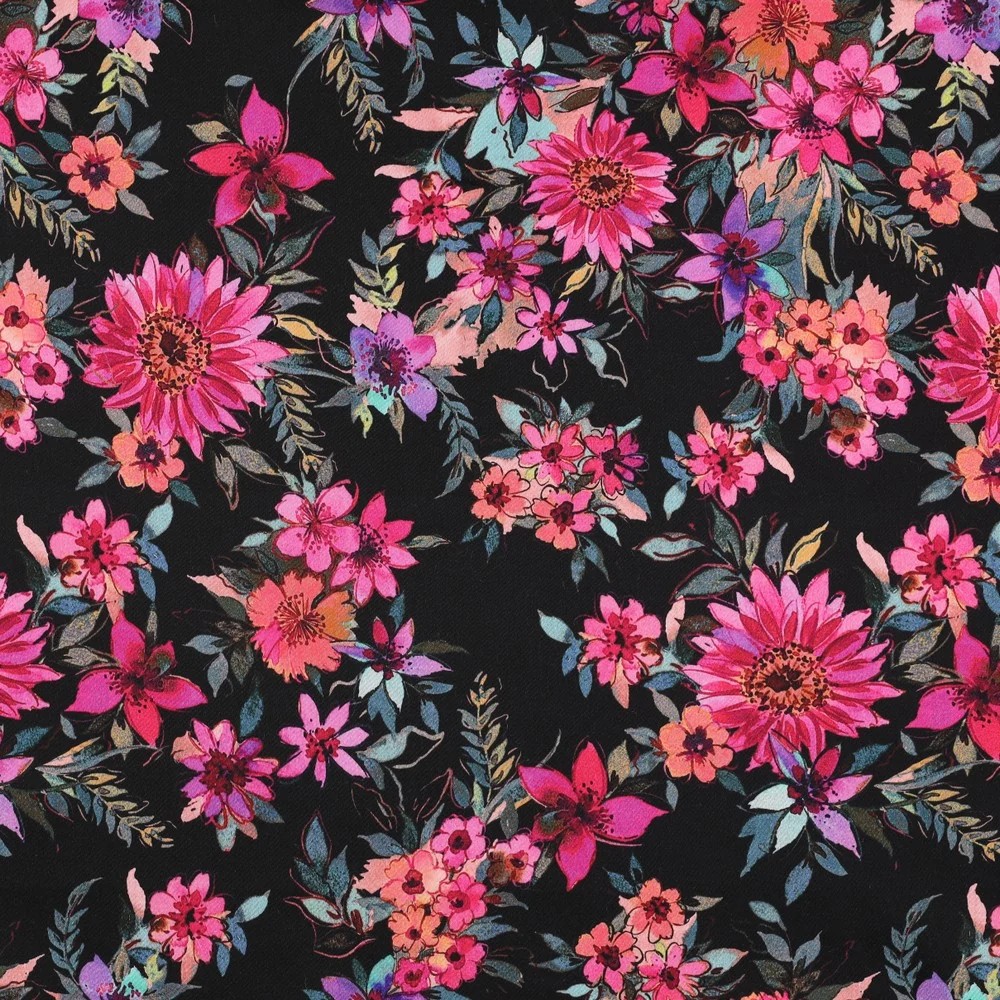 Baumwollsatin digital Flowers schwarz pink