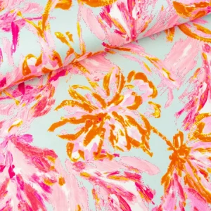Baumwollsatin Stretch Watercolor Blumen orange-fuchsia-rosa auf Mint