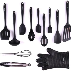 Besteckset, 12-teiliges komplettes Silikon-Back- und Kochgeschirr-Set, Kochgeschirr-Set, Küchenhelfer - Schwarz - Utensili...
