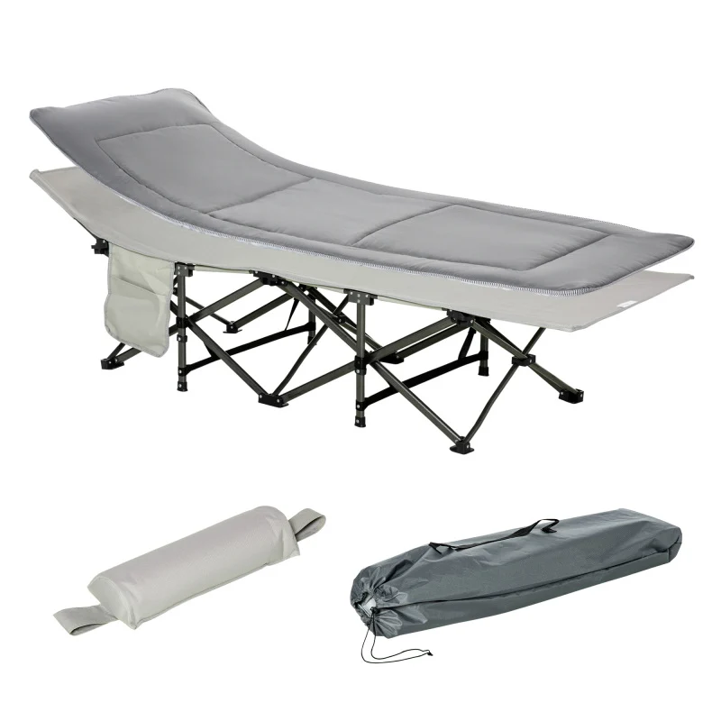 Campingbett Klappbares Feldbett mit Kopfkissen und Seitentasche, Matratze Hellgrau, belastbar bis 150kg