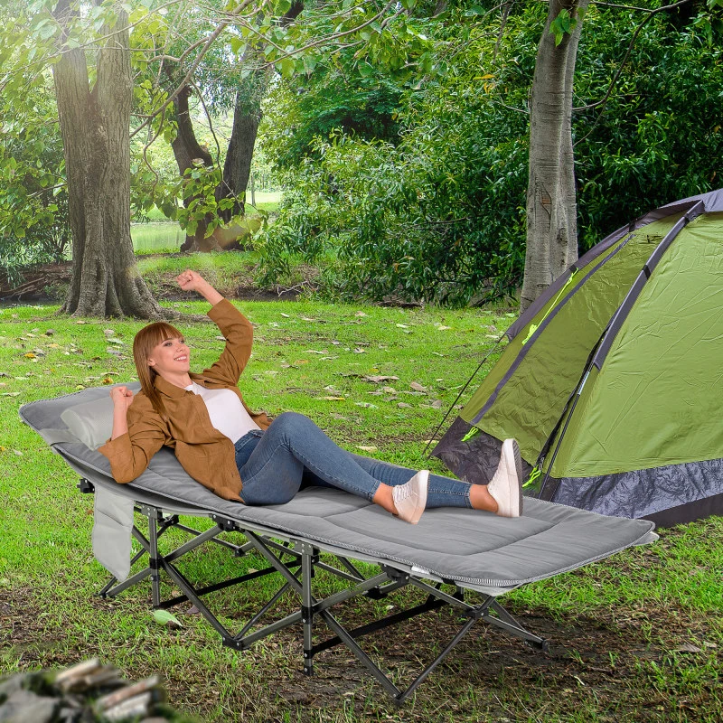 Campingbett Klappbares Feldbett mit Kopfkissen und Seitentasche, Matratze Hellgrau, belastbar bis 150kg